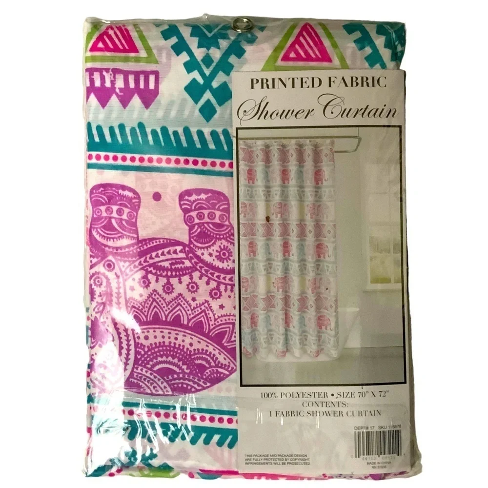 Shower Curtain Elephant Print Fabric Colorful Pink Teal Green NWT 70 x 72 in
